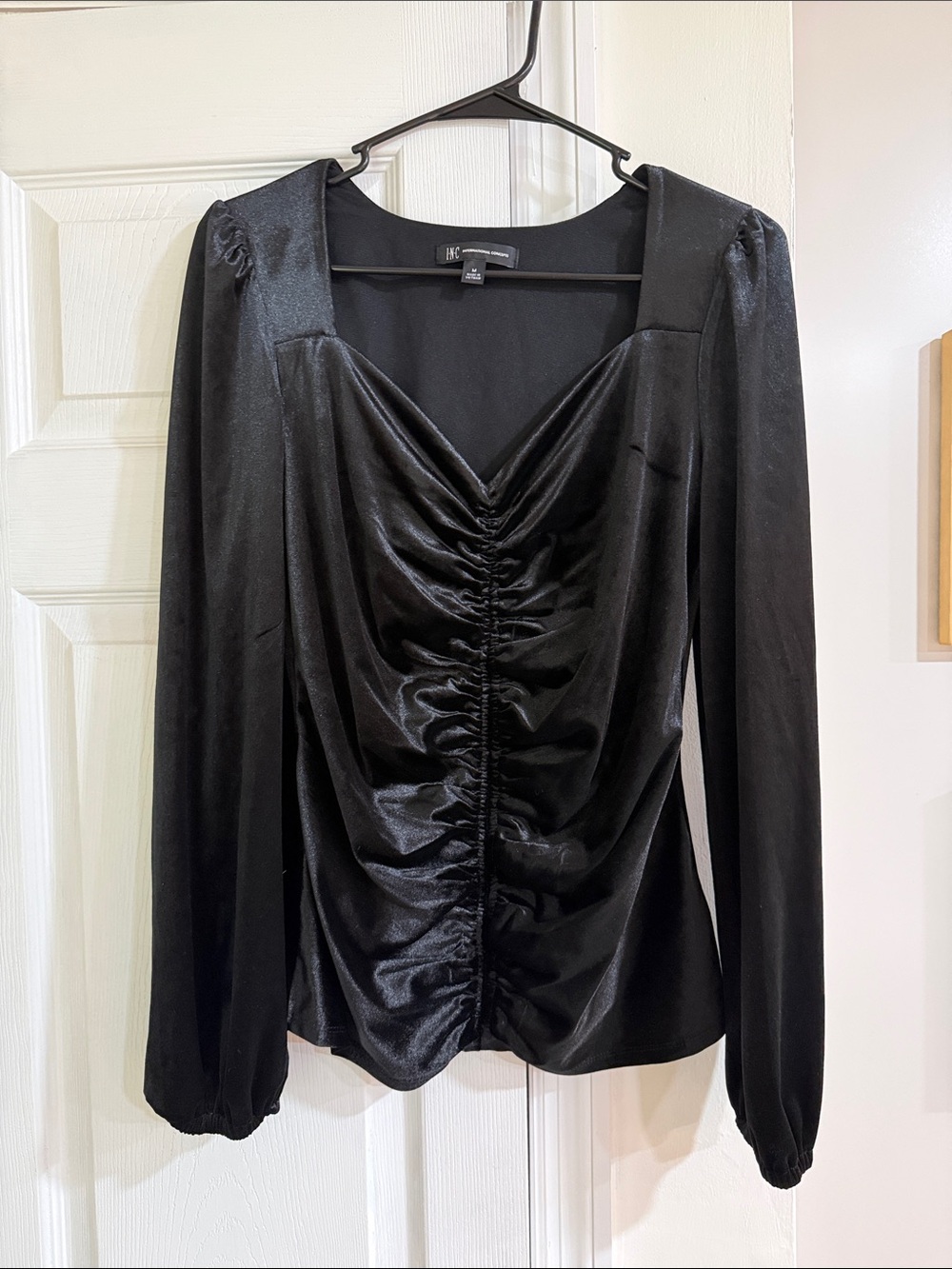 INC International Concepts Black Ruched V-Neck Velvet Look Long Sleeve Top